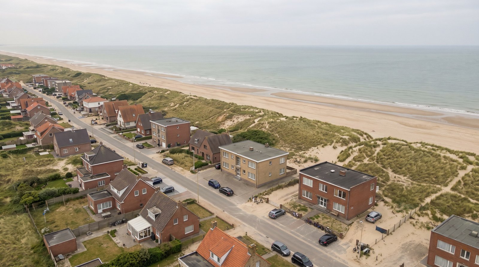 Luchtfoto van vakantiewoningen achter de duinen