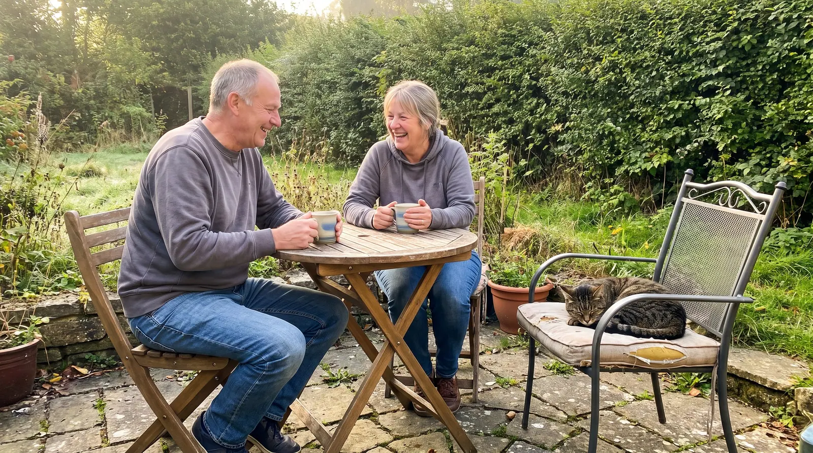 Eigenaars aan tafel op hun terras