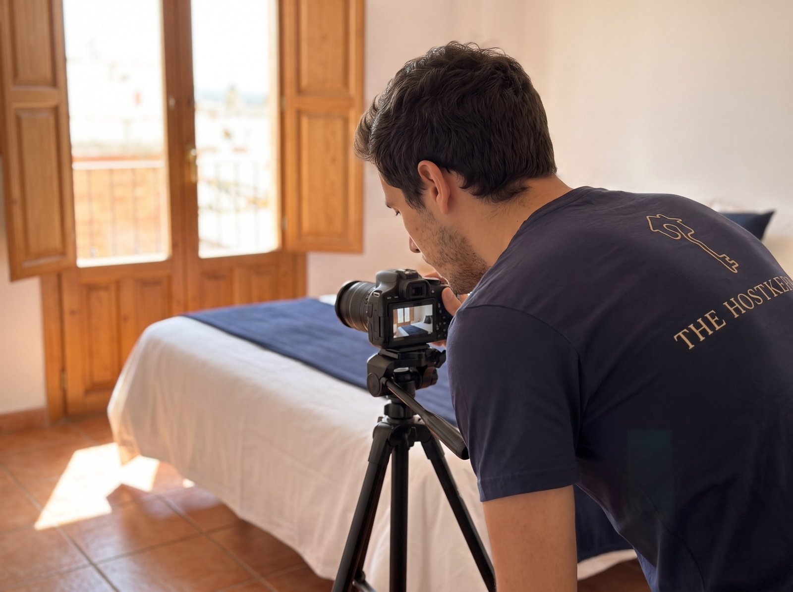 Partnerfotograaf fotografeert een slaapkamer