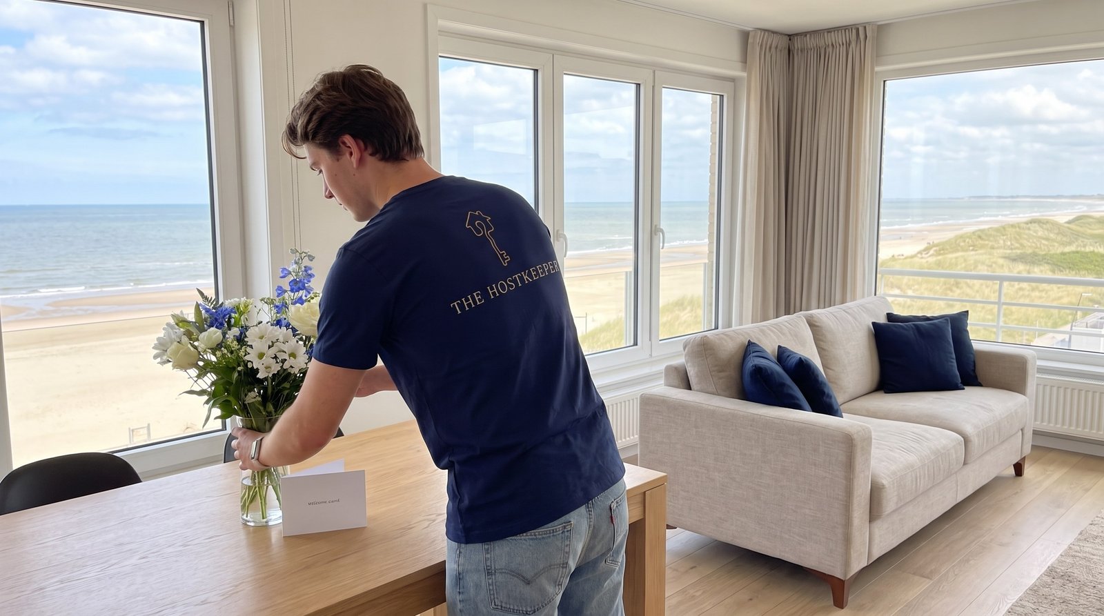 Welkomstbloemen in een kustappartement